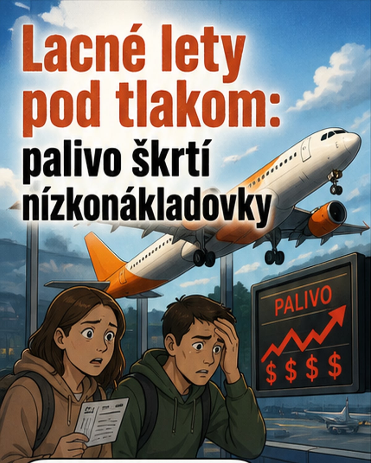 Ilustrácia lietadla s roztrhnutým logom nízkonákladovej spoločnosti, na pozadí plameňov a grafu rastúcich cien paliva.