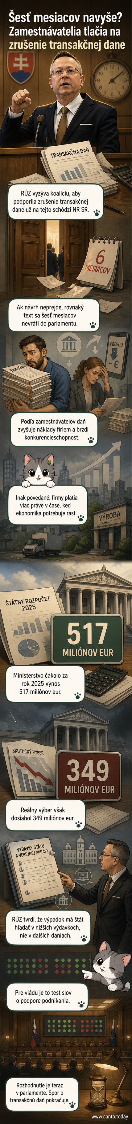 Ilustrácia znázorňujúca finančnú transakciu s červeným krížikom a grafom klesajúcich príjmov, na pozadí budova parlamentu.