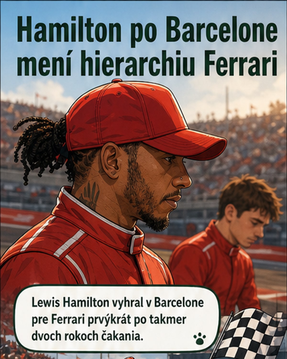 Lewis Hamilton oslavuje víťazstvo vo Ferrari na okruhu v Barcelone, za ním fanúšikovia a červené vlajky
