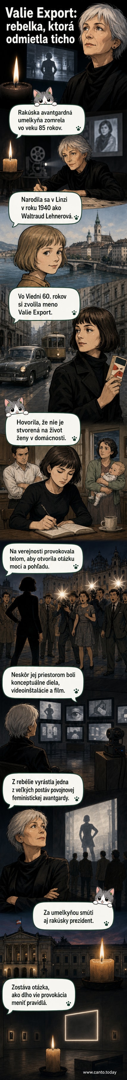 Čiernobiely portrét mladej Valie Export v dramatickom póze, pozadie z umeleckej inštalácie z 70. rokov