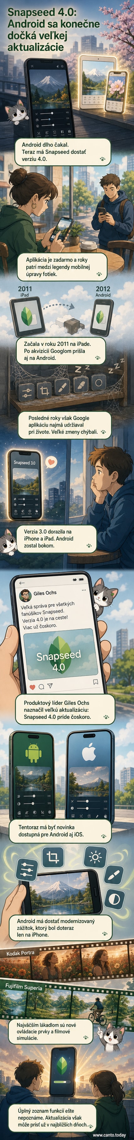 Ilustrovaná scéna zobrazuje mobil s aplikáciou Snapseed, ktorá sa otvára do modernizovaného rozhrania s filtrami inšpirovanými analógovými filmami.