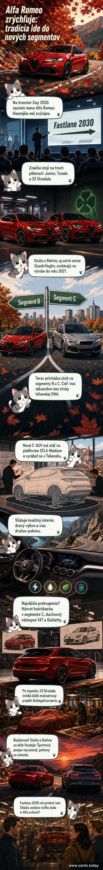 Ilustrácia novej generácie Alfa Romeo s dynamickým dizajnom, elektrickým pohonom a talianskou vlajkou v pozadí.