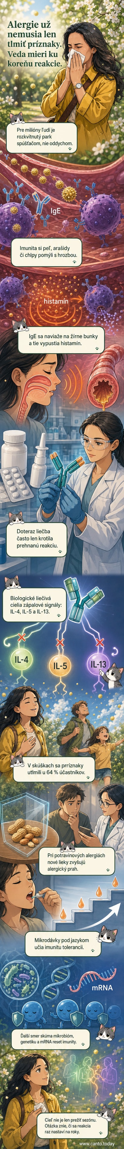 Ilustrácia imunitnej bunky, ktorá blokuje alergén s popiskami: biologické lieky, IgE, histamín, T-regulačné bunky.