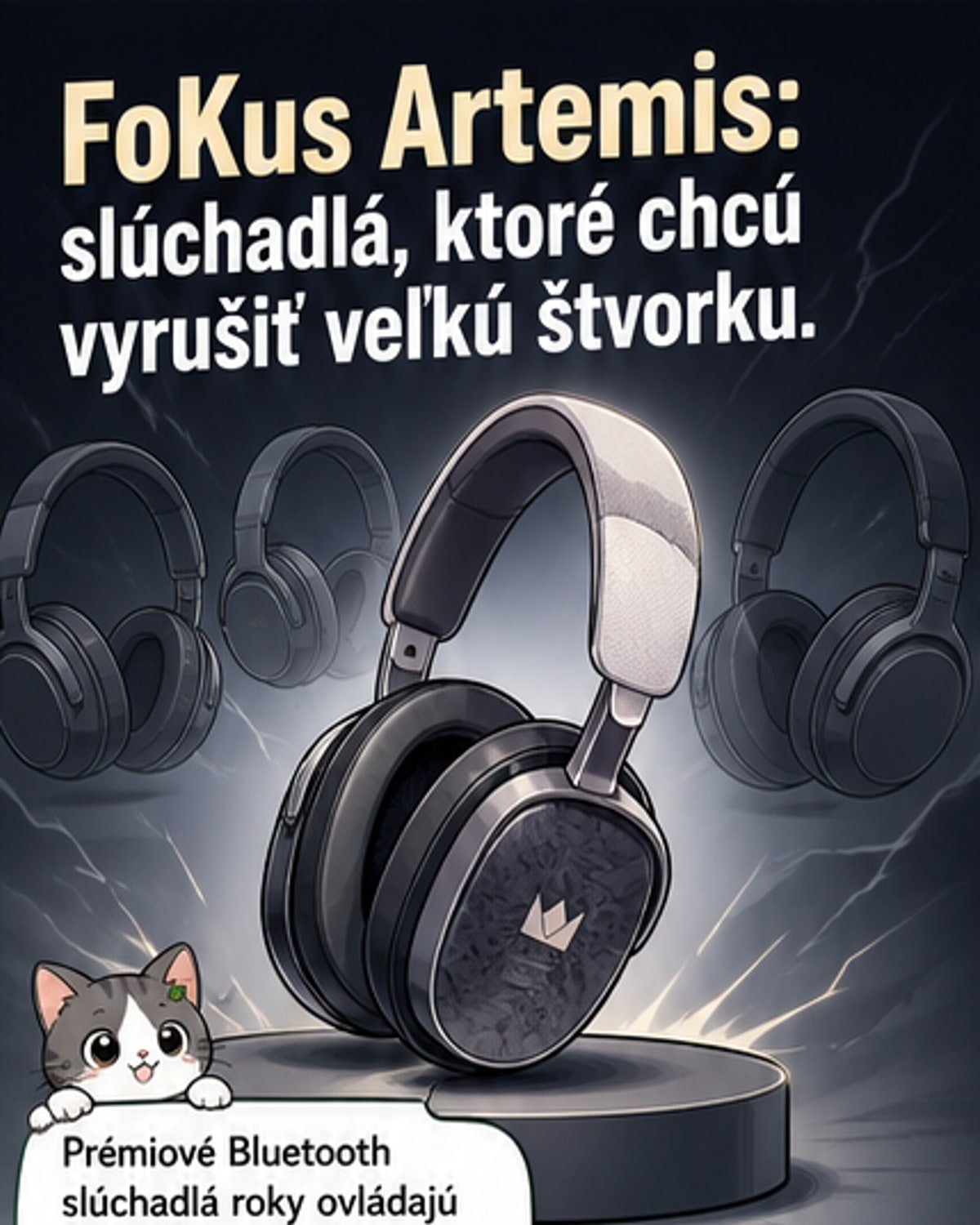 Náhlavné slúchadlá Noble Audio FoKus Artemis v čiernej farbe na bielej ploche, s detailom internej štruktúry meniča