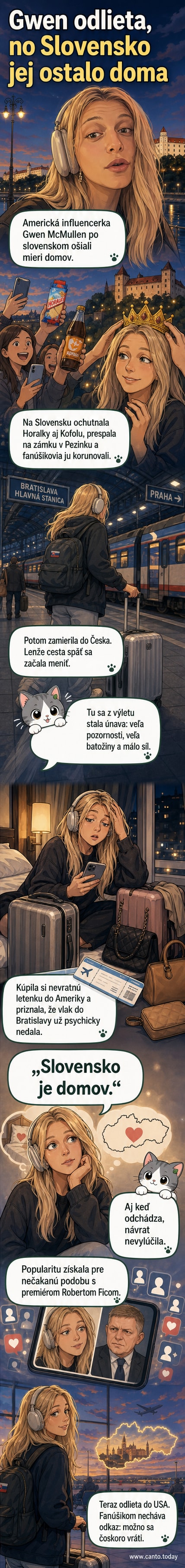 Ilustrovaná scéna: Gwen McMullen stojí pri dvoch kufroch na nádraží, pozadí má zámkový park v Pezinku a ikonické balenie Horaliek.