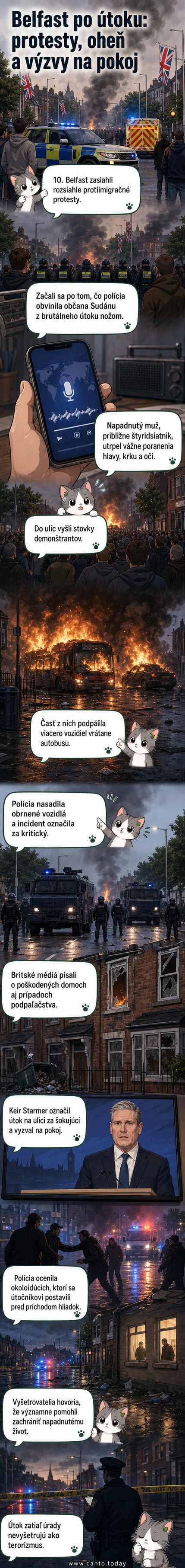 Záber na horence vozidlo a skupinu demonštrantov v uliciach Belfasta, na pozadí sú policajné obrnené vozidlá a dym.