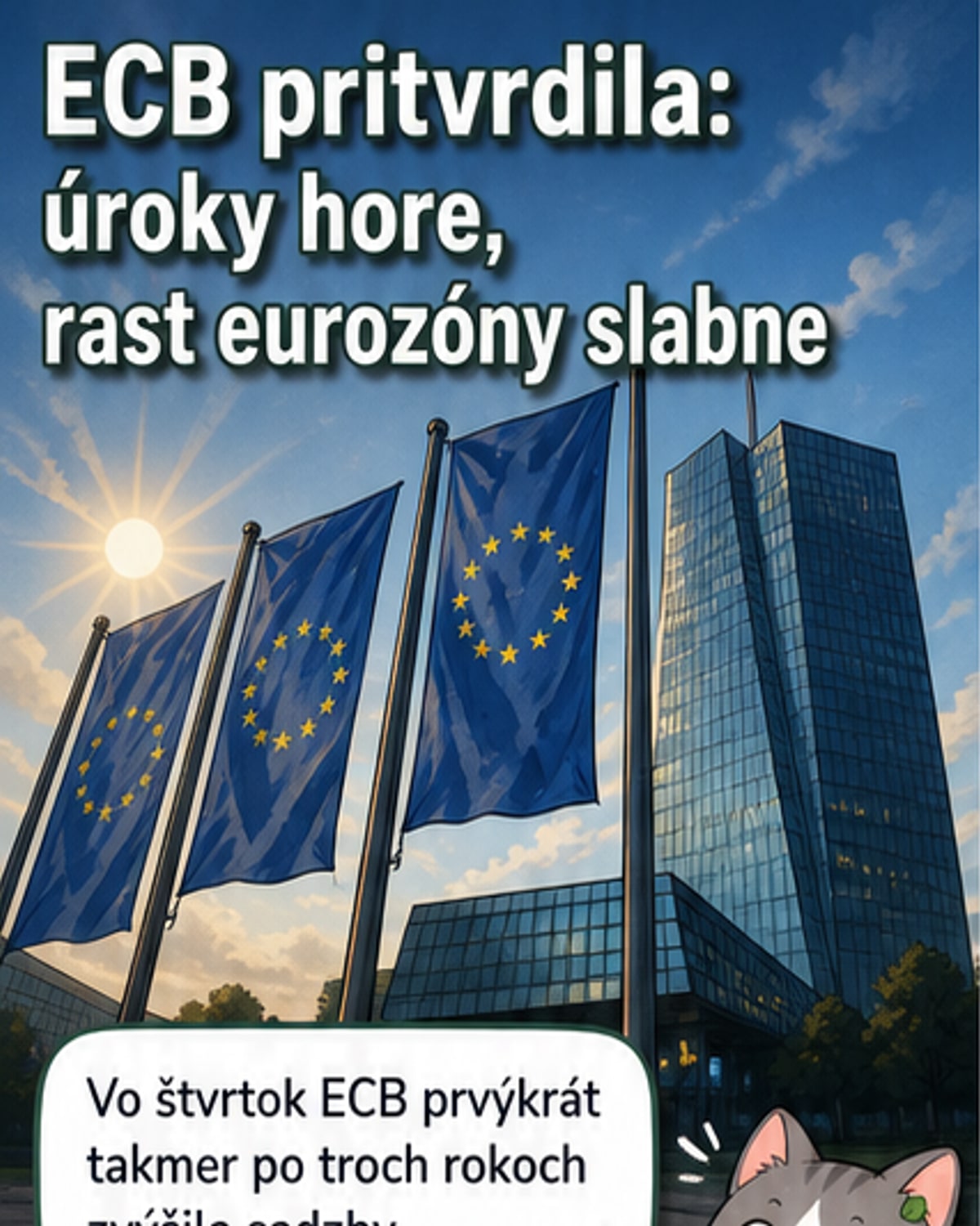 Ilustrácia európskej mince s grafom rastúcej inflácie a úrokových sadzieb, symbolizujúca menovú politiku ECB.
