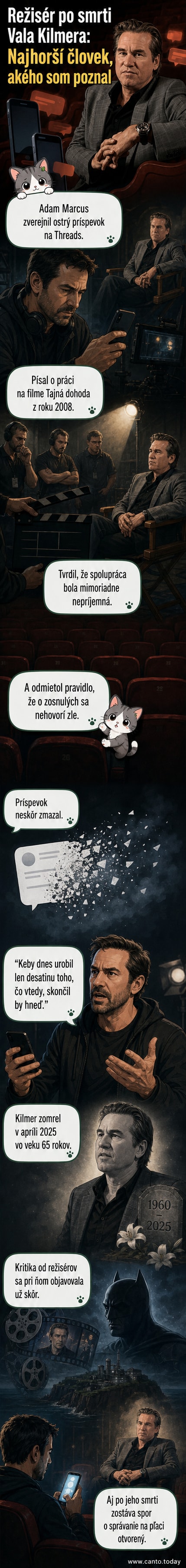 Ilustrovaná scéna zobrazujúca dva postavy – jednu v režisérskej kresle s megafónom, druhú ako herca vo vojenskom oblečení – v napätom prostredí natáčania filmu.