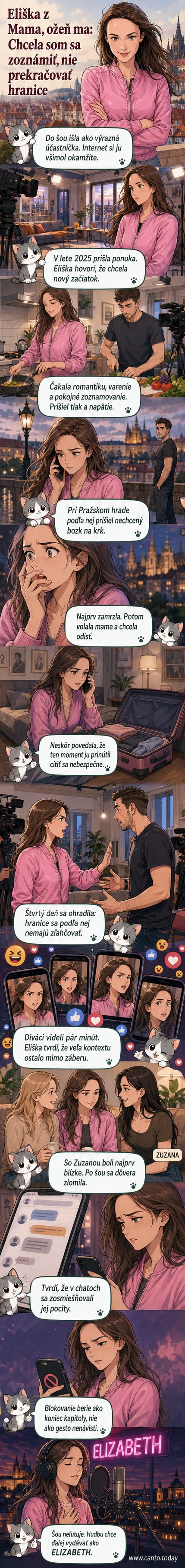 Ilustrácia Elišky Sládečkovej stojacej pevne na zemi, s rukami krížom na hrudi, na pozadí roztrhnutého srdca a zábery z reality šou.
