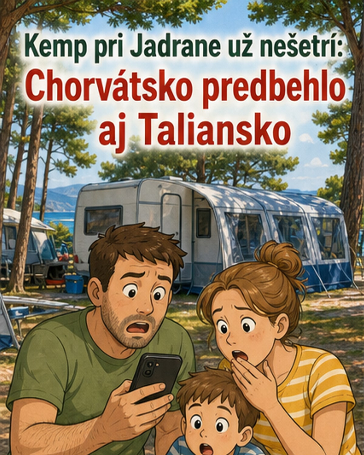 Ilustrácia: Kemping pri mori s cedulou s cenou 73 € za noc, na pozadí Jadranské pobrežie a turisti s batohmi.