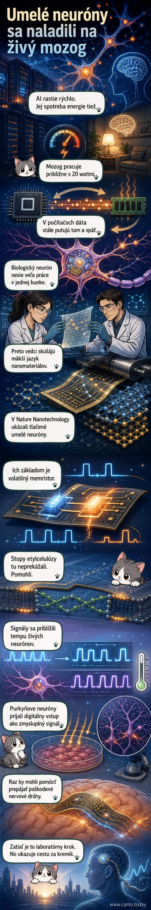 Ilustrácia, ktorá zobrazuje tlačené umelé neuróny na flexibilnom substráte, ktoré vysielajú elektrické signály k živým Purkyňovým bunkám v mozgu myši, s detailom nanovrstiev grafénu a disulfidu molybdénu.