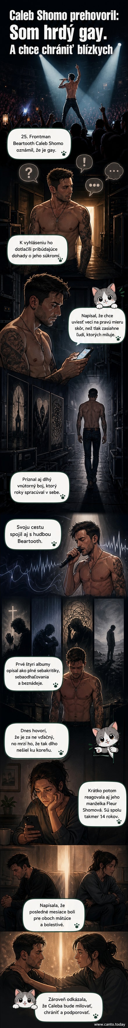 Ilustrácia speváka stojaceho na pódiu, s manželkou v pozadí a symbolmi srdca a dúhy v okolí.