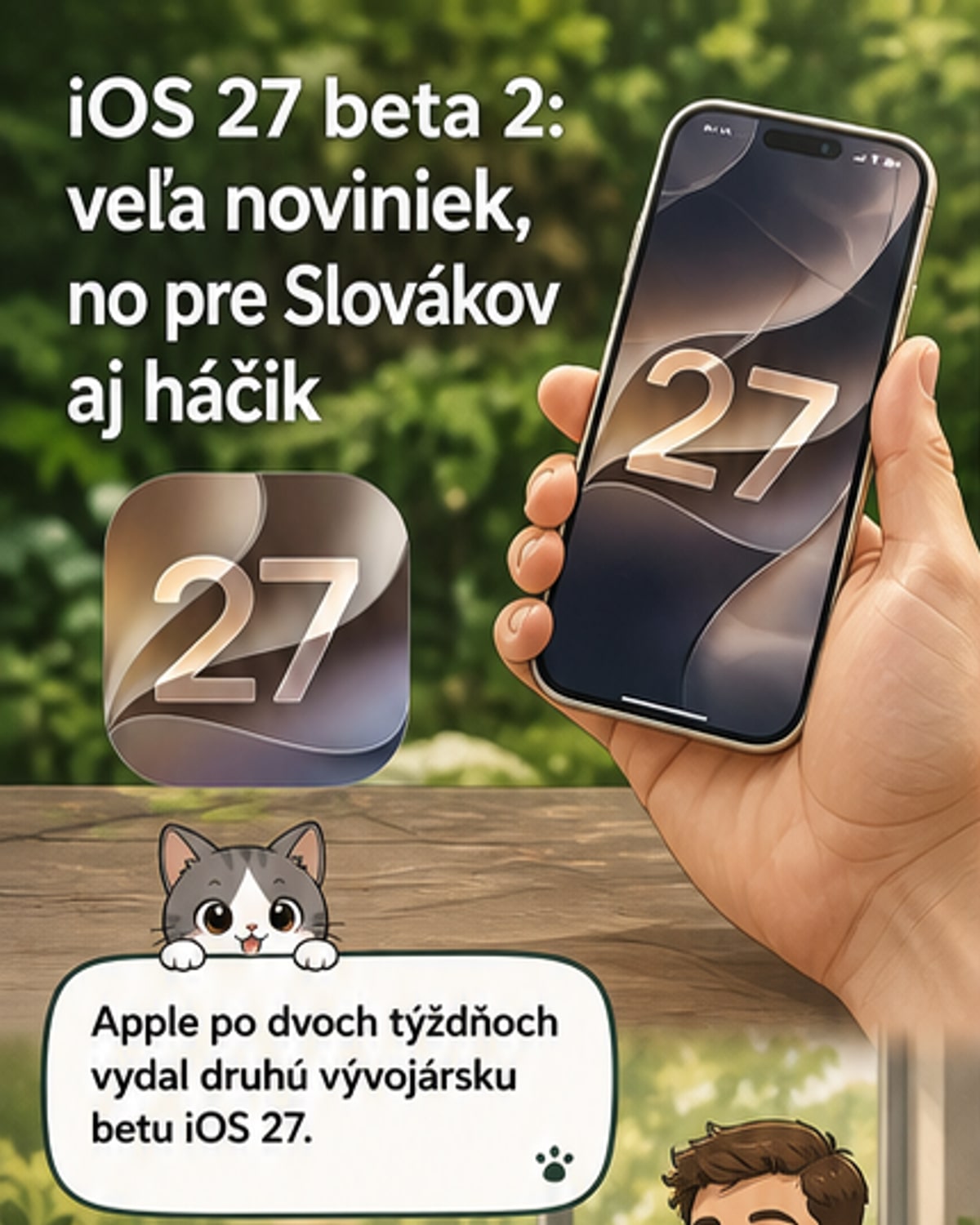 Ilustrácia zobrazuje nové funkcie iOS 27 beta 2: vylepšené RCS správy medzi iPhonom a Androidom, tlačidlo pre Siri nad klávesnicou a prehľad výdavkov v Peňaženke.