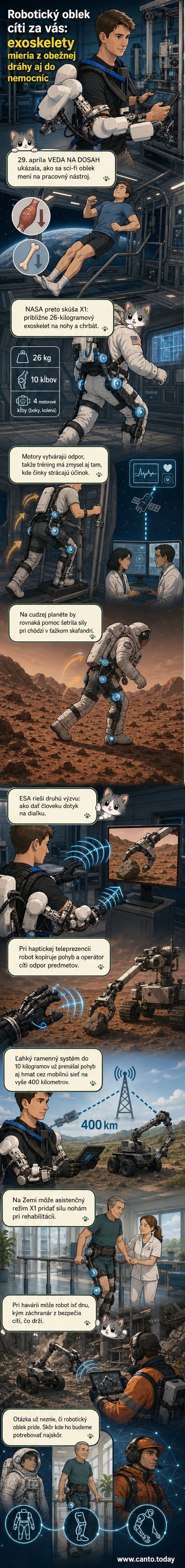 Ilustrácia astronauta v robotickom exoskelete na povrchu planéty, ktorý ovláda robota v diaľke