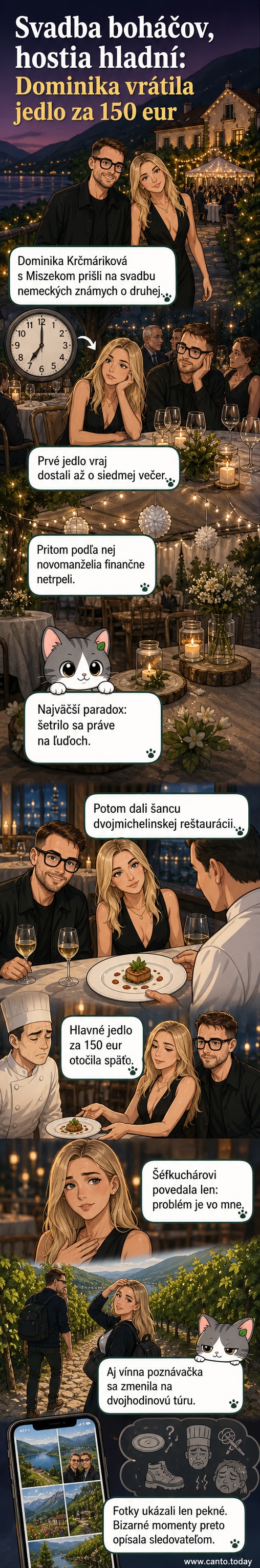Ilustrovaná scéna svadobnej oslavy s hladnými hosťami a znechutenou influencerkou pri jedle za 150 eur.