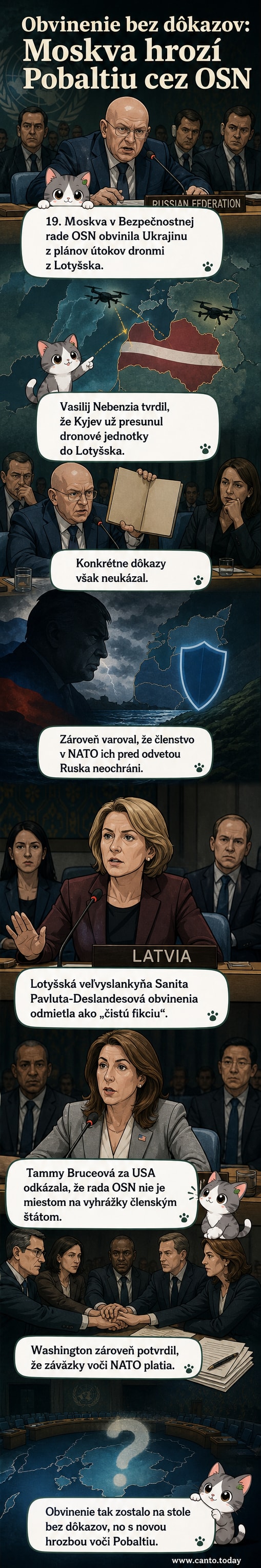 Ilustrácia zasadnutia OSN s ruským a lotyšským zástupcom pri mikrofóne, na pozadí mapa Európy s vyznačením Lotyšska a Ukrajiny.