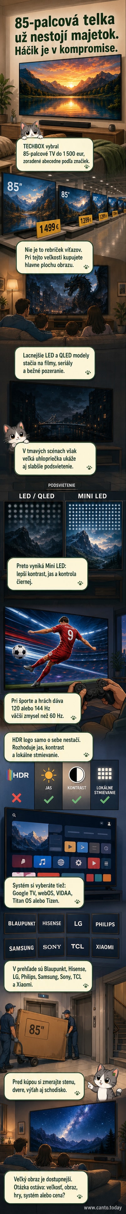 Ilustrácia veľkej 85″ televízie na stene obývačky, s popisom kľúčových technológií ako Mini LED, 144 Hz, HDR a Ambilight.