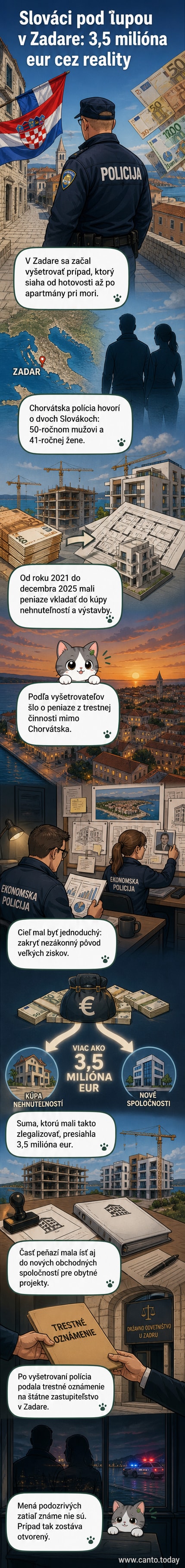 Ilustrácia dvoch osôb, ktoré podpisujú realitnú zmluvu pri mori, na pozadí pláže a novostavieb, s peňažnými známkami a stopy peňazí vedúce k bankám.