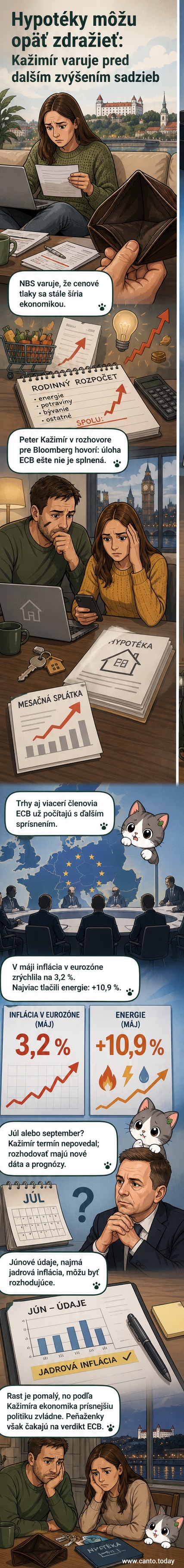Ilustrácia centrálnej banky s grafom rastúcej inflácie a symbolickým zvýšením úrokovej sadzby – vizuálna reprezentácia tlaku na domáce rozpočty v dôsledku očakávaného zvýšenia úrokov.