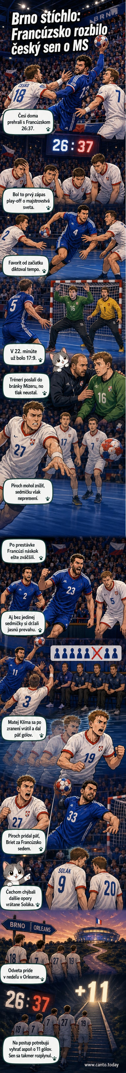 Hráči Česka a Francúzska v akcii počas zápasu hádzanej v Brne, publika plná hala sleduje debakel domáceho tímu.