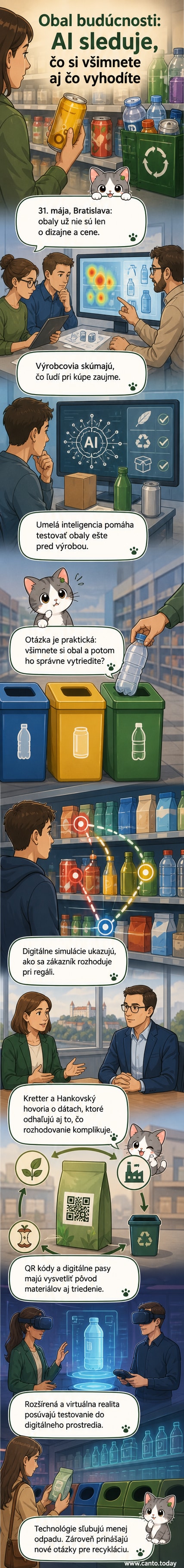Ilustrácia zobrazuje dizajnéra, ktorý pracuje s digitálnym modelom obalu na obrazovke, pričom okolo neho sú ikony reprezentujúce AI, virtuálnu realitu a recyklačný symbol.