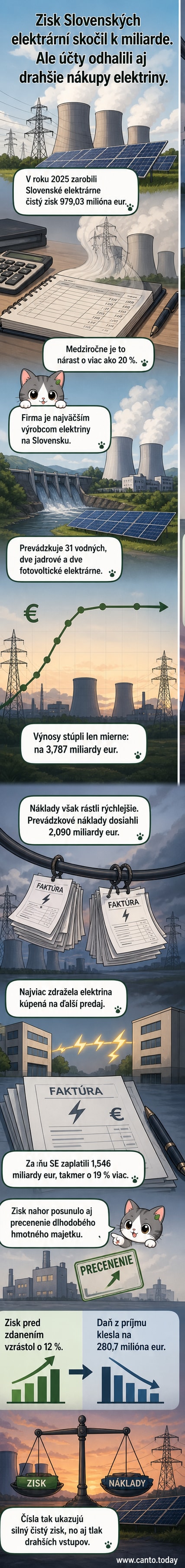 Ilustrácia elektrárne s grafom rastúceho zisku a ikonami elektriny, vody a slnka, symbolizujúcimi rôzne zdroje energie.
