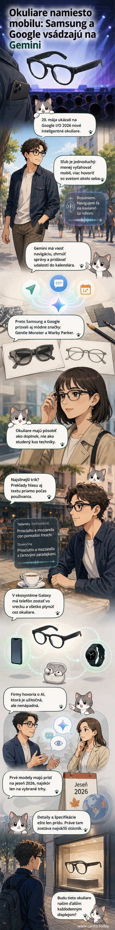 Ilustrácia nových inteligentných okuliar Samsung a Google s displejom v zornom poli a čistým dizajnom, v pozadí mesto.
