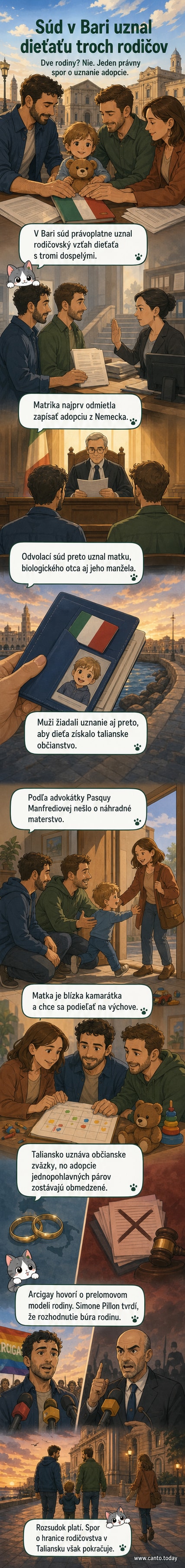 Ilustrácia rodiny s tromi rodičmi a dieťaťom pred talianskou budovou súdu, symbolizujúca nové rodinné právne normy.