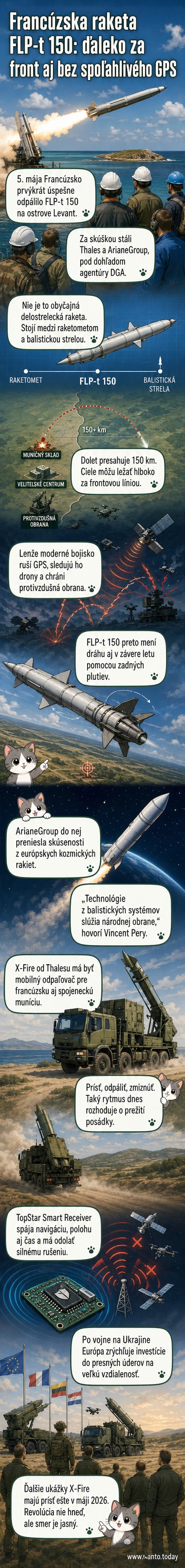 Ilustrácia testu balistickej rakety FLP-t 150 na ostrove Levant, s rakétou vo fáze letu nad morom a vojenskými pozorovateľmi v pozadí.