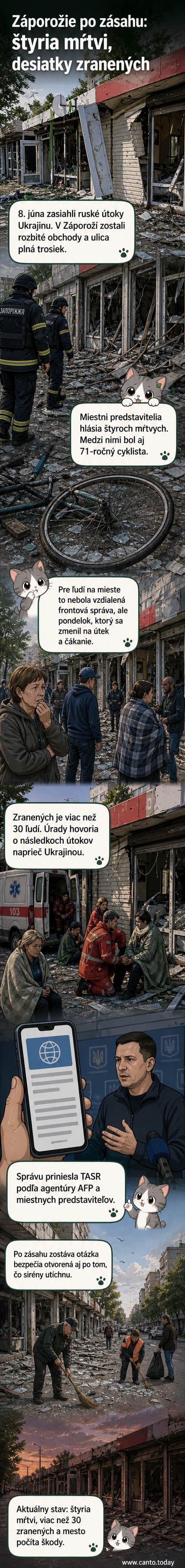 Zničené obchody a ulica po ruských raketových útokoch v ukrajinskom meste Záporožie, 8. jún 2026.