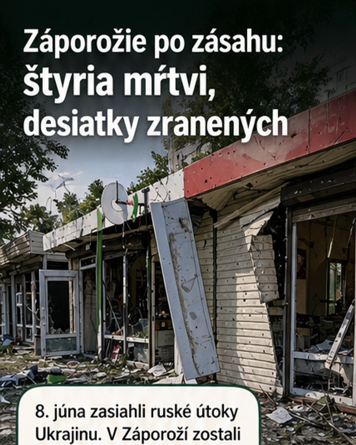 Zničené obchody a ulica po ruských raketových útokoch v ukrajinskom meste Záporožie, 8. jún 2026.