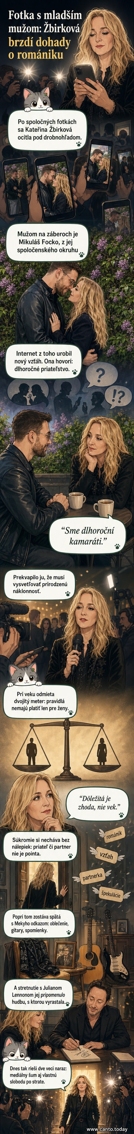 Ilustrovaná scéna zobrazujúca Kateřinu Žbirkovú a Mikuláša Focka priateľsky stojacich spolu, v pozadí sú symbolické motívy ako gitara a more, odkazujúce na ich spoločnú minulosť a hudobný svet.