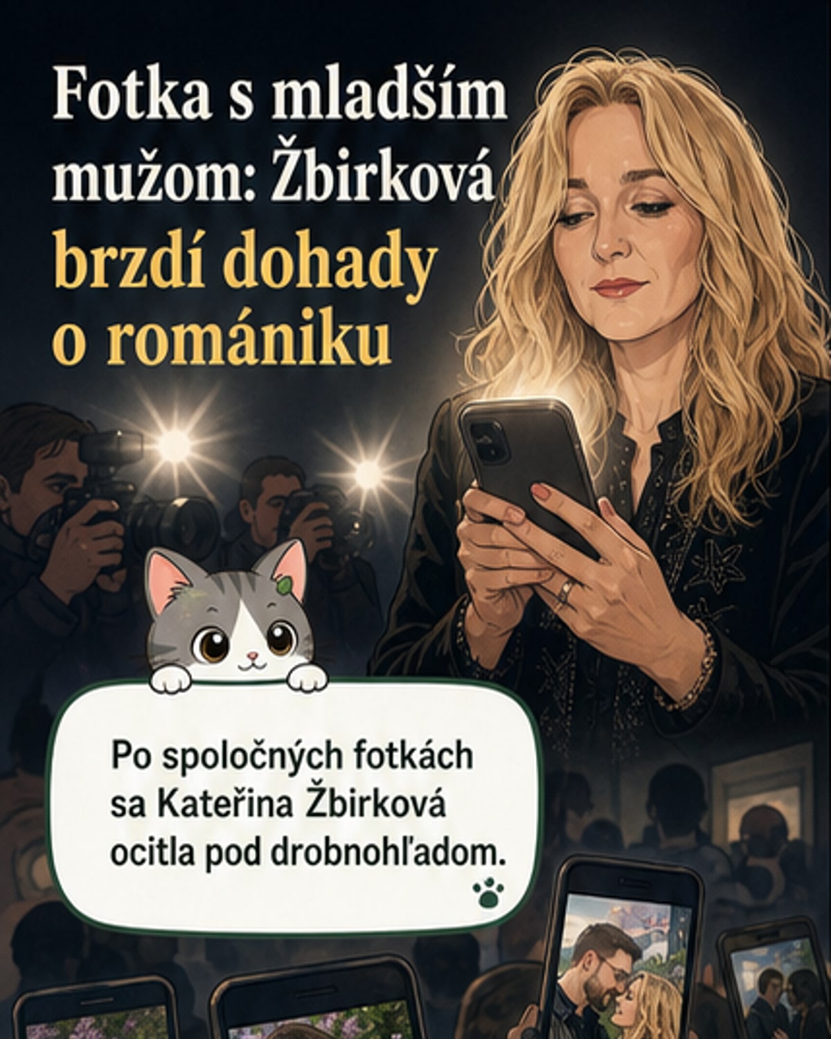 Ilustrovaná scéna zobrazujúca Kateřinu Žbirkovú a Mikuláša Focka priateľsky stojacich spolu, v pozadí sú symbolické motívy ako gitara a more, odkazujúce na ich spoločnú minulosť a hudobný svet.