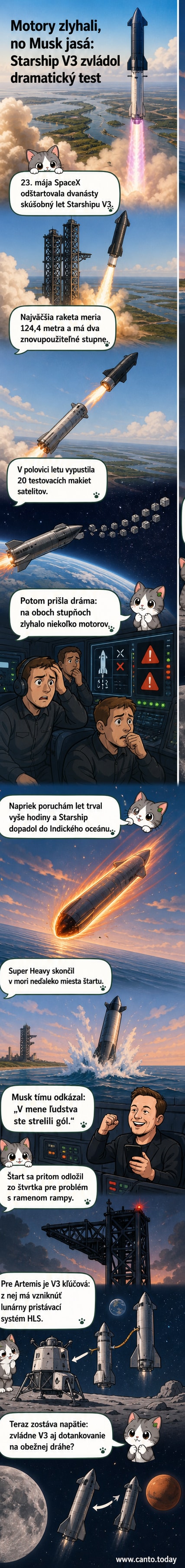 Ilustrácia rakety SpaceX Starship V3 počas skúšobného letu, s explodujúcimi motormi a riadeným záverom misie nad oceánom.