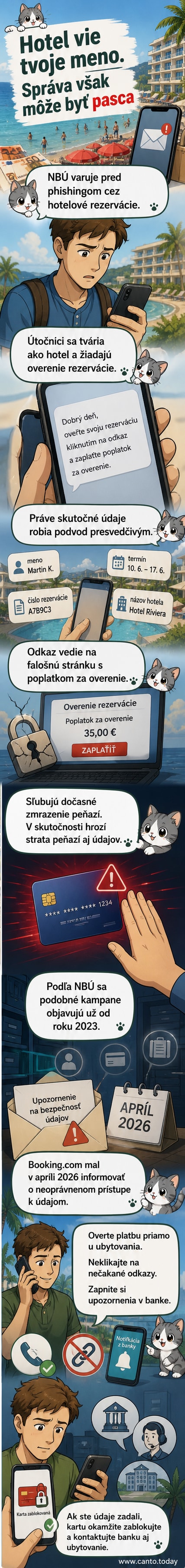 Ilustrácia zobrazuje mobil s upozornením na podvodnú správu o overení hotelovej rezervácie, na pozadí je ikona zámku s červeným krížikom.