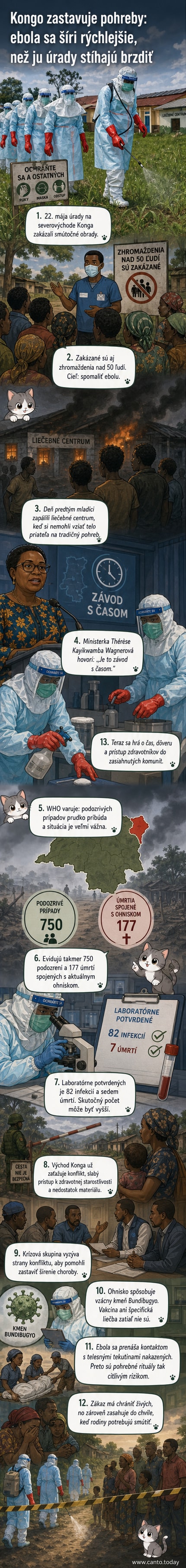 Ilustrácia: zdravotník v ochrannom obleku stojí pred uzavretým pohrebiskom v lese, na pozadí horí budova liečebne eboly.