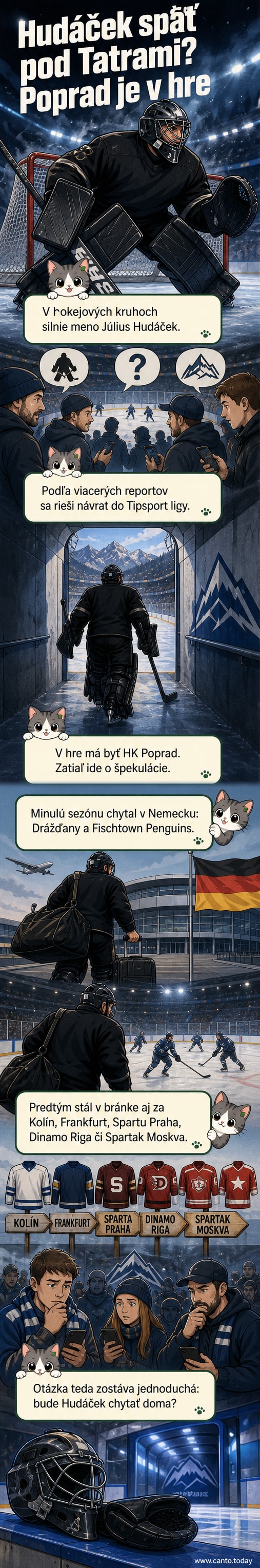 Ilustrovaný portrét hokejového brankára Júliusa Hudáčeka v dresoch slovenského tímu s ľadom a hracou plochou na pozadí.