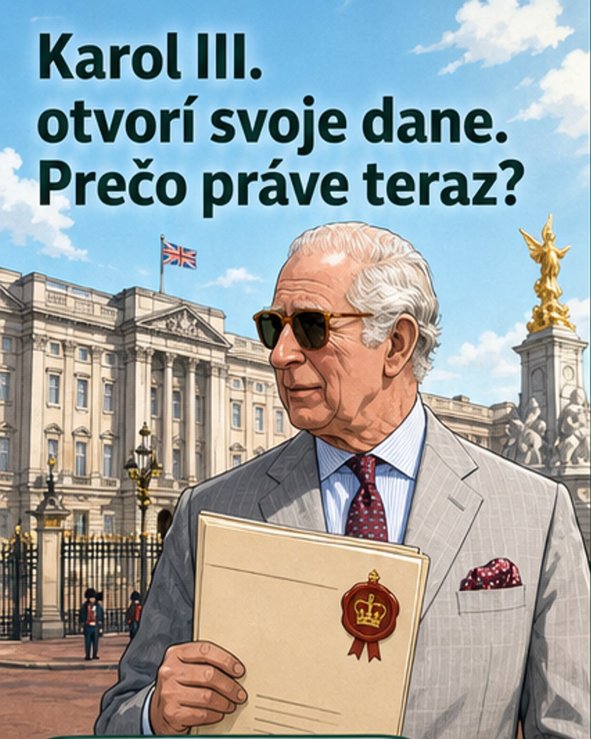 Ilustrovaný portrét kráľa Karola III. pred Buckinghamským palácom, s dokumentom označeným 'Daňové priznanie' v ruke.