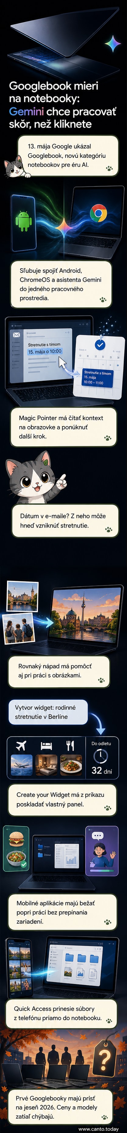 Ilustrácia: moderný notebook s plávajúcim svetelným pásom a kurzorom, ktorý emituje AI návrhy pri práci s dátumom a obrázkami.