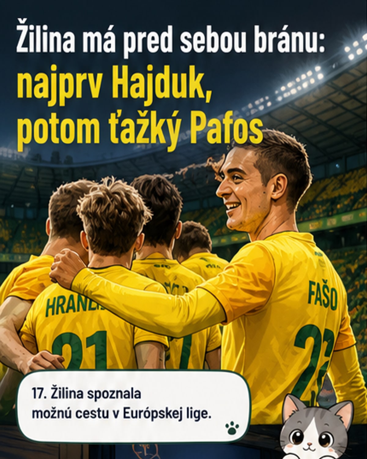 Futbalové ihrisko pod Dubňom, hráči Žiliny v modro-zelenom dresoch pripravení na európsky zápas.