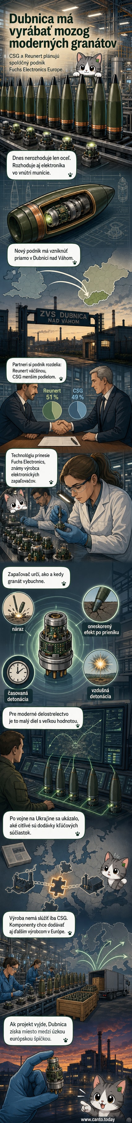 Ilustrácia elektronického zapaľovača pre 155 mm granát s výrobným areálom v Dubnici nad Váhom na pozadí