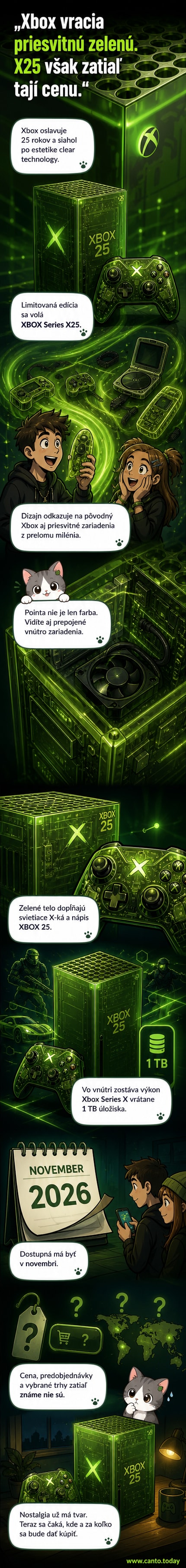 Ilustrácia novej priesvitnej konzoly XBOX Series X25 s viditeľnými vnútornými komponentami a svietiacimi detailmi na tmavom pozadí.