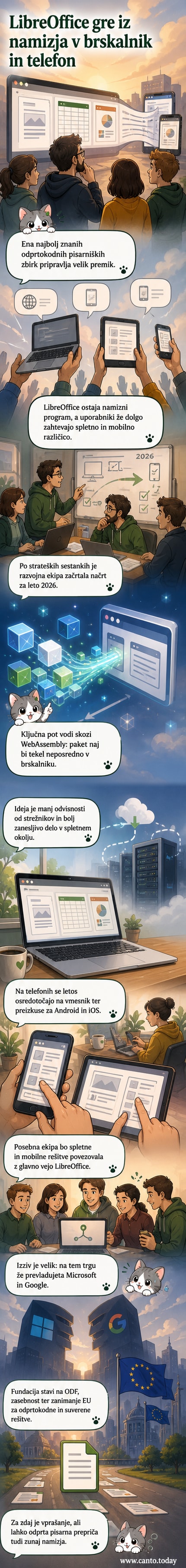 Ilustracija odprtokodnega logotipa LibreOffice, ki se premika iz namiznega računalnika na spletne in mobilne naprave.