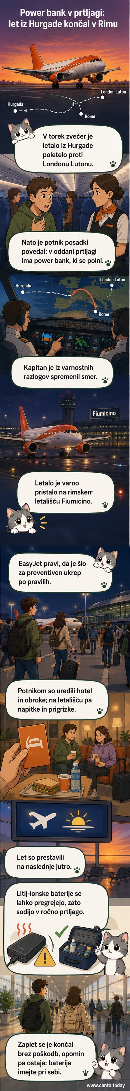 Ilustracija potniškega letala EasyJet, ki zasilno pristaja ponoči na letališču v Rimu, v ozadju svetlobni sledi in sirene.