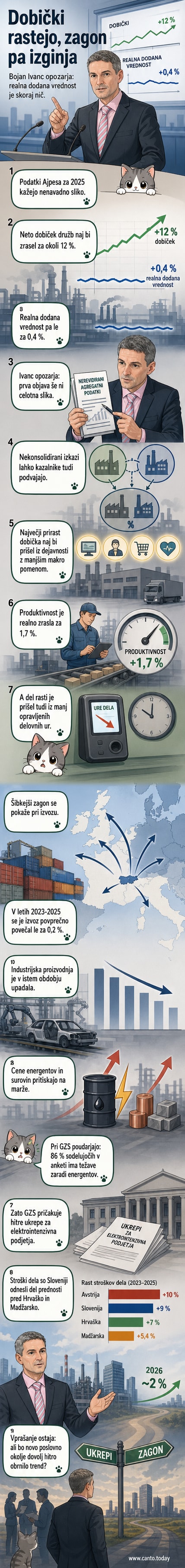 Ilustracija slovenske industrije s padajočim grafom rasti in naraščajočimi dobički – simbol neskladja v gospodarstvu.