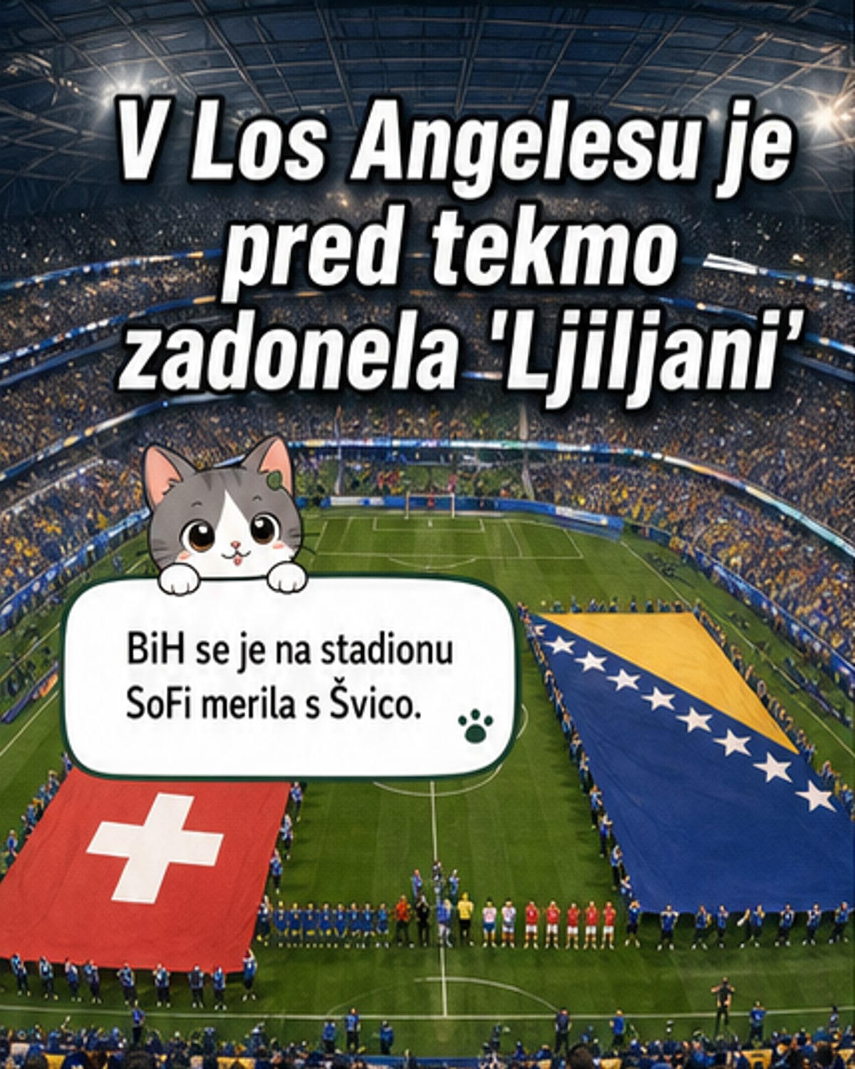Navijači na stadionu SoFi v Los Angelesu z vzhodnim vetrskim zastavkam in plakati, med petjem pesmi 'Ljiljani'.