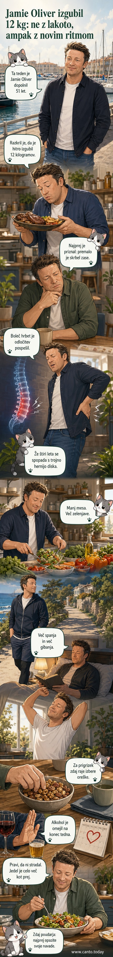 Jamie Oliver, britanski TV-kuhar, predstavlja svojo prehrano po izgubi 12 kilogramov, obkrožen z zelenjavo in oreški.