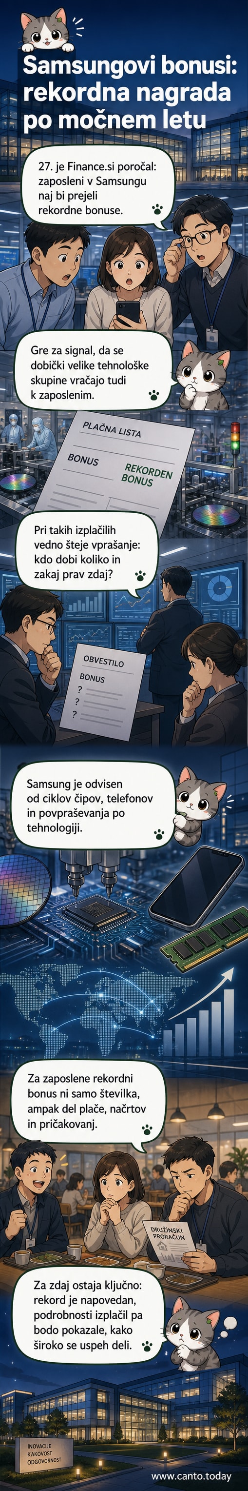 Ilustracija: zaposleni v Samsungu prejmejo simbolični ček z napisom '20 mesecev plače' med proslavo v uradni uniformi