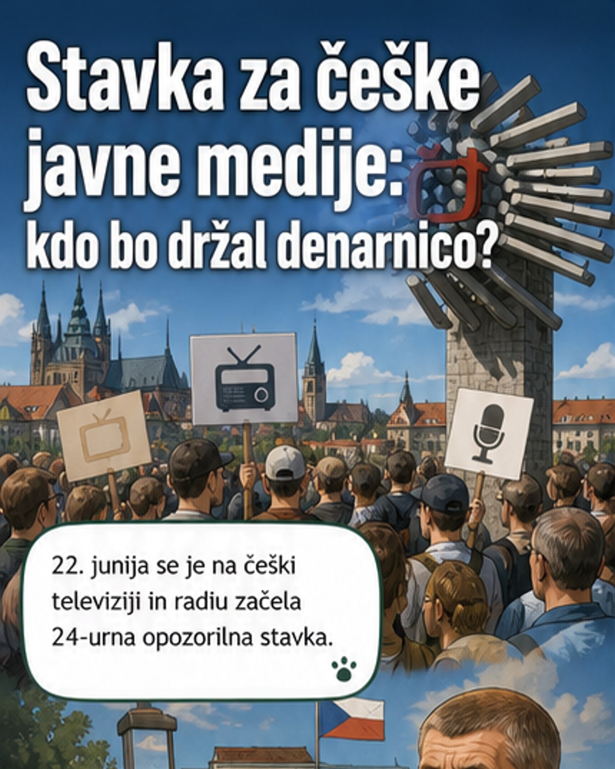 Protestniki pred stavbami češke javne televizije v Pragi med opozorilno stavko proti spremembam v financiranju.