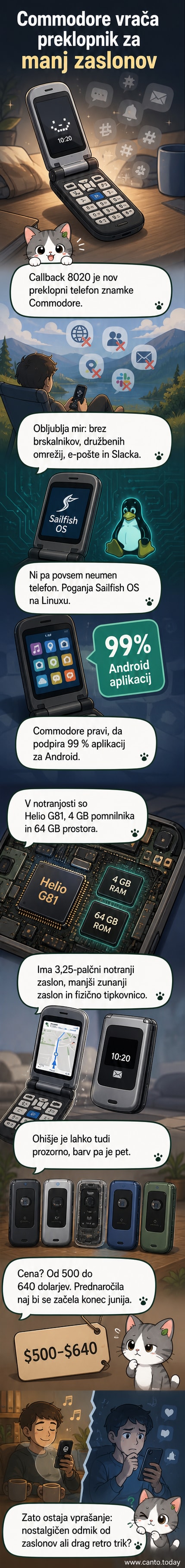 Retro-stiliziran telefon Commodore Callback 8020 z dvema zaslonoma in fizično tipkovnico, na ozadju prozorno ohišje in barvne različice naprave.